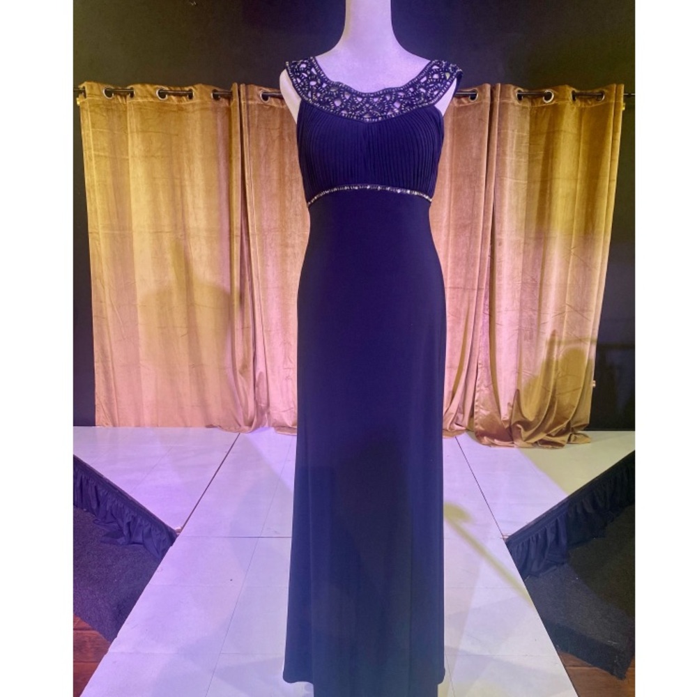 Betsy & Adam Navy Blue Embellished Maxi Gown